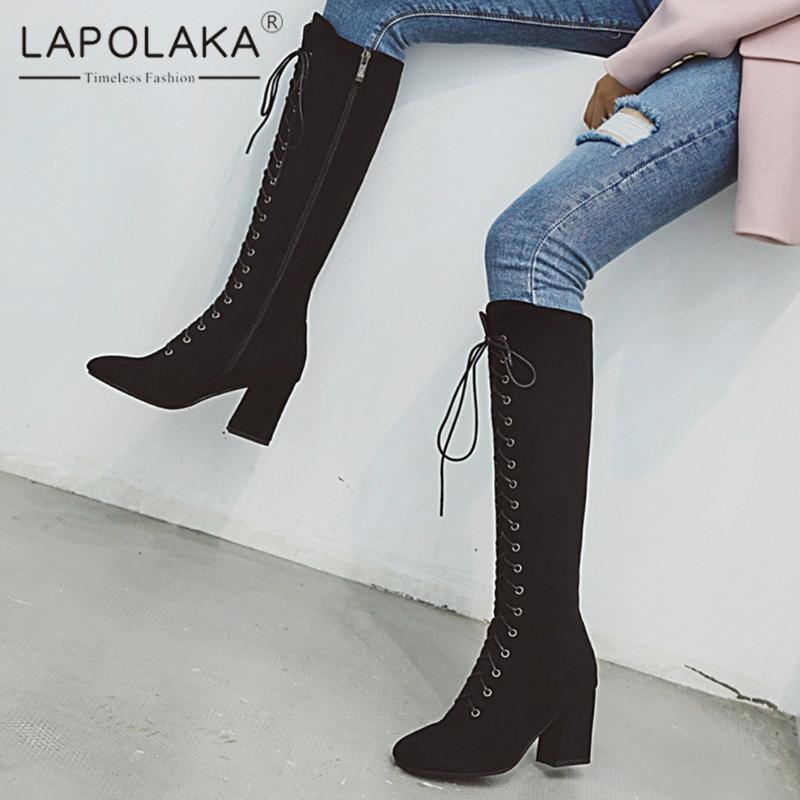 

Lapolaka Brand New Trendy Zipper Knee High Boots Women Shoes High Quality Cross Tied Decoration Boot Ladies Shoes, Apricot