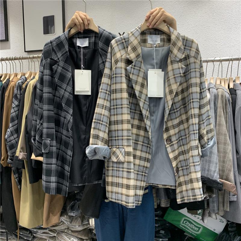 

Korean Style New All-match Loose Elegant Lady Single-Breasted Autumn Plaid Small Suit Jacket Women, Beige