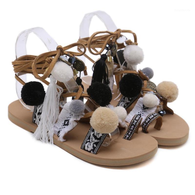 

Women's shoes, wool ball, national style, lace up, special flat bottom sandals1, Brown