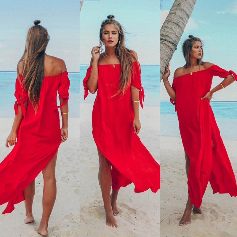 

Sexy Off Shoulder Beach Dress Women Tunic Swimsuit Short Sleeve Solid Cover Up Summer Maxi Beach Dresses1