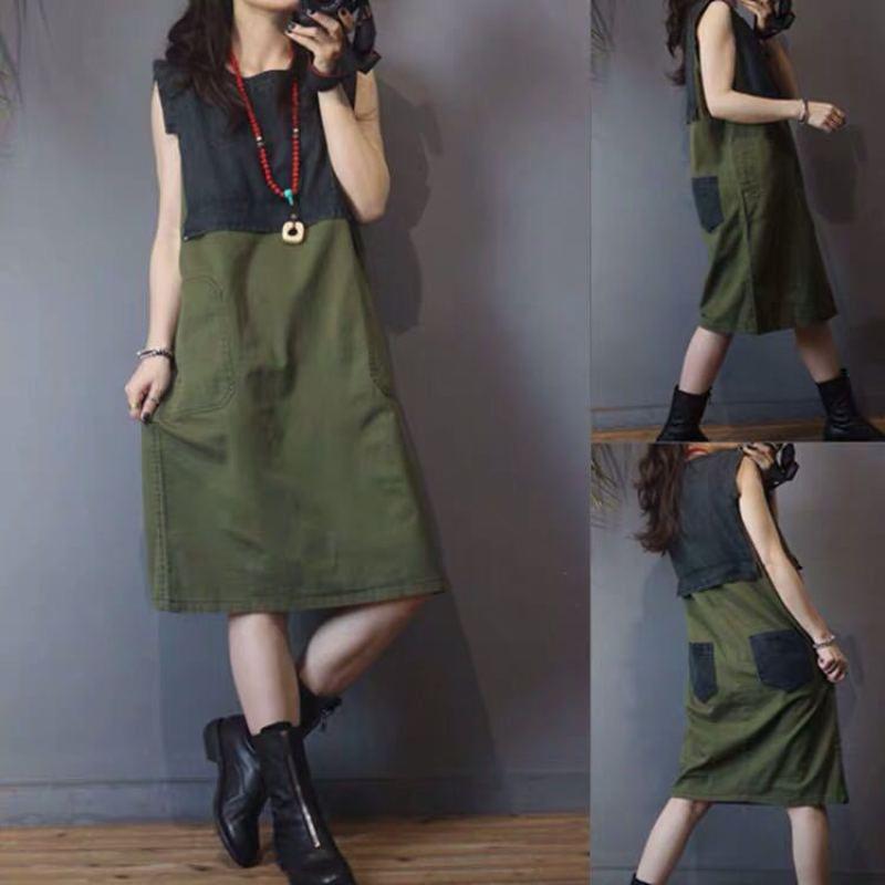 

Casual Dresses Summer Lady Dress Women Loose Sleeveless Green Denim Stitching Patchwork, Black;gray
