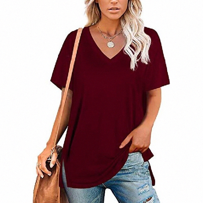 cordat womens summer t shirts casual v neck oversized short sleeve side split tops wine red 99Xj#-image-756016751