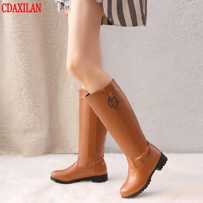 

CDAXILAN new women's boots soft PU leather square heels round toe Knee-High boots set-feet motorcycle ladies winter1, Beige(short plush)