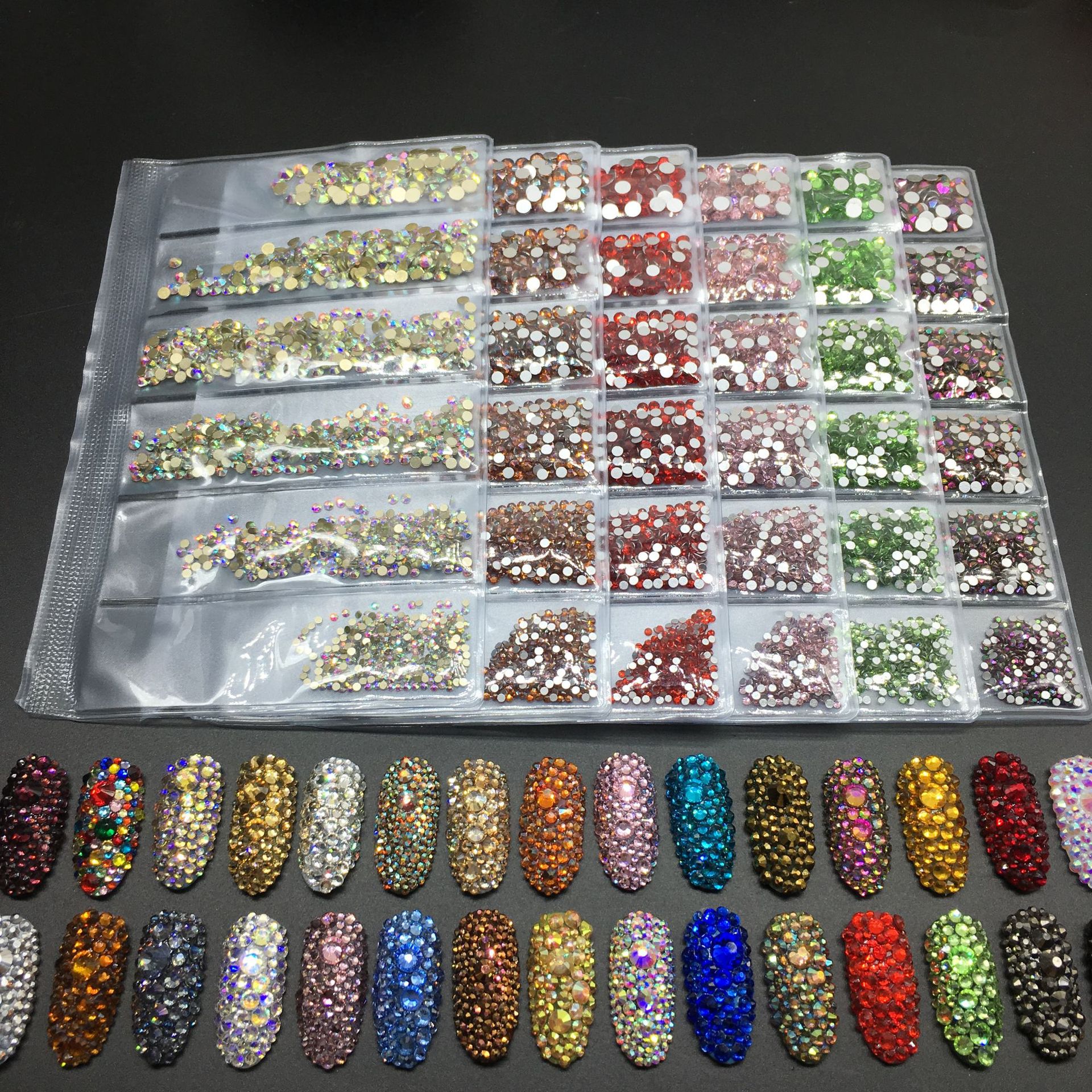 

Bag 1440PCS Rhinestones Flatback Glass Nail Rhinestones 6 Size SS4 SS16 Mixed Color AB Crystal Strass 3D Charm Gems DIY Nail Art Decorations