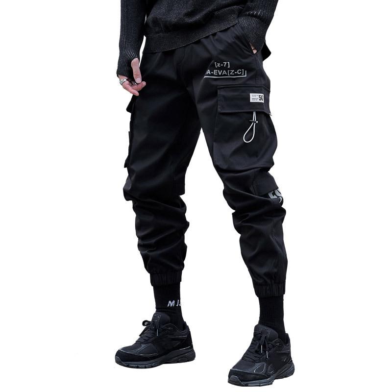 

Men Ribbons Streetwear Cargo Pants 2020 Autumn Winter Hip Hop Joggers Pants Overalls Black Fashions Baggy Pockets Trousers, Army green