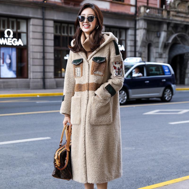 

Large size sheared sheep fur coat female long hooded new grain cloth soft 100% wool women coat 115CM long1, Camel