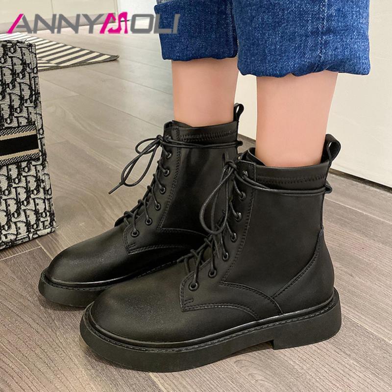 

ANNYMOLI Motorcycle Boots Woman Flat Platform Ankle Boots Round Toe Short Lace Up Female Shoes Autumn Winter Black Size 391, Black velvet lining