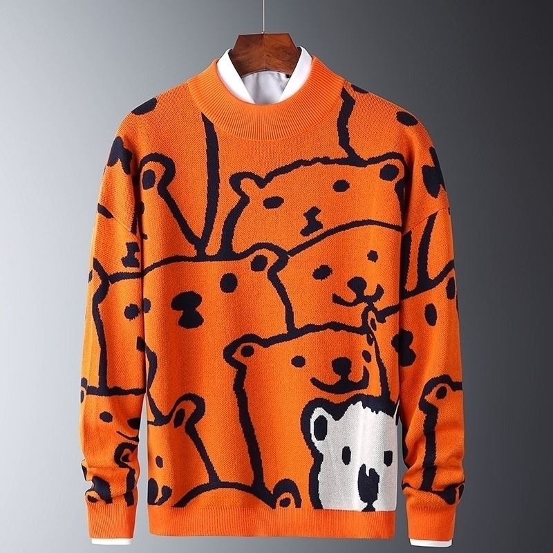 

Mens Autumn Casual Sweaters Polar Bear Pattern Trendy Slim Sweaters Cotton Long Sleeve Round Collar Male Warm Pullovers Orange 201211, Bl980 orange