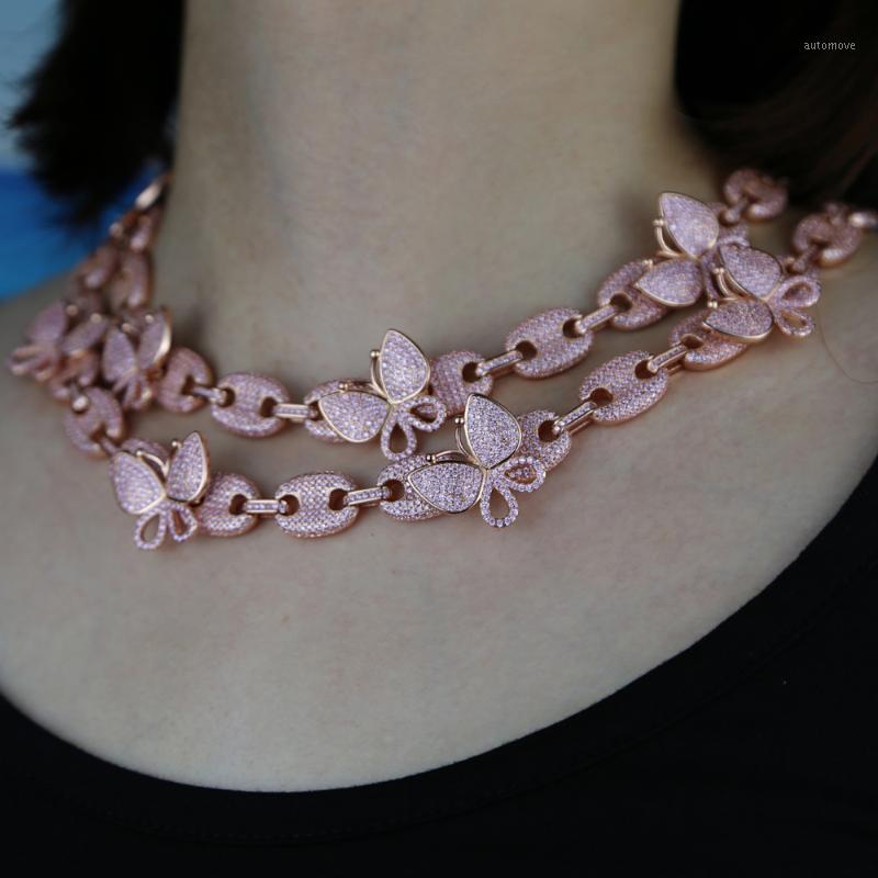 

wholesale women butterfly choker necklace with pink cz paved pink cuban chain choker for hip hop wedding jewelry gift1