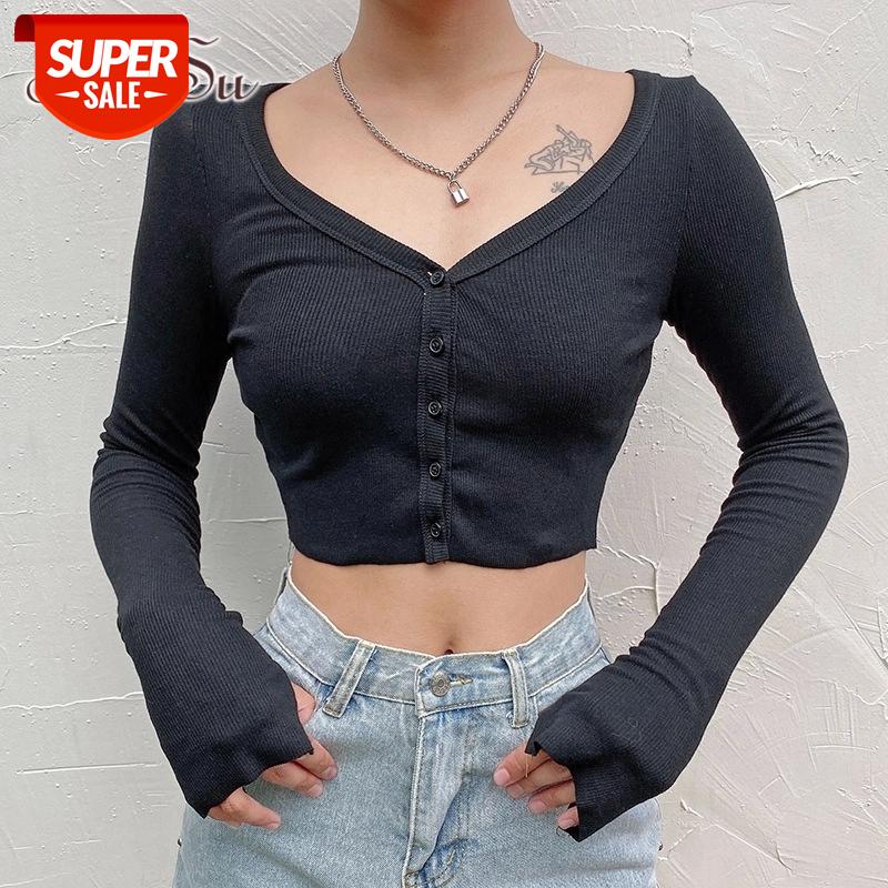 

ArtSu Vneck Harajuku Long Sleeve T shirt Women Crop Top Cotton White Tshirts Button Sexy T-shirt Basic Undershirt Autumn TS28057 #wv1l