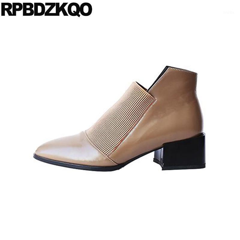 

brown japanese slip on block shoes fur short brand women winter boots genuine leather faux chunky pointed toe autumn booties1, Black