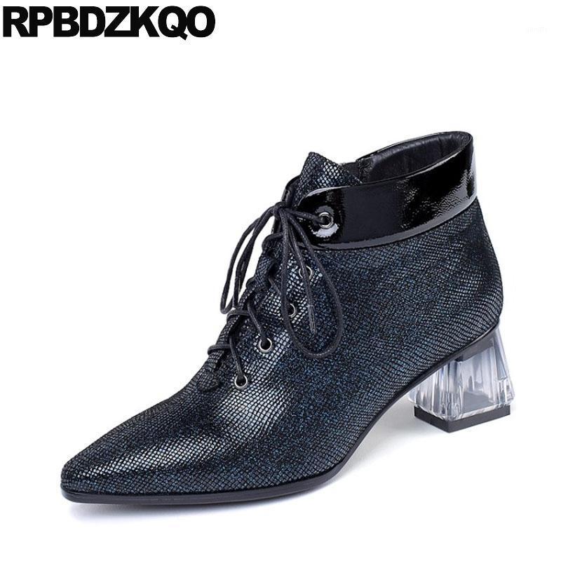 

women plus size booties big pointed toe shoes genuine leather high heel front lace up casual ankle boots autumn sheepskin chunky1, Blue