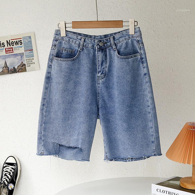 

Vintage Women High Waist Knee Length Straight Jeans Korean Style Arajuku Asymmetrical Design Bottom Streetwear Female Denim Pant Women, Blue