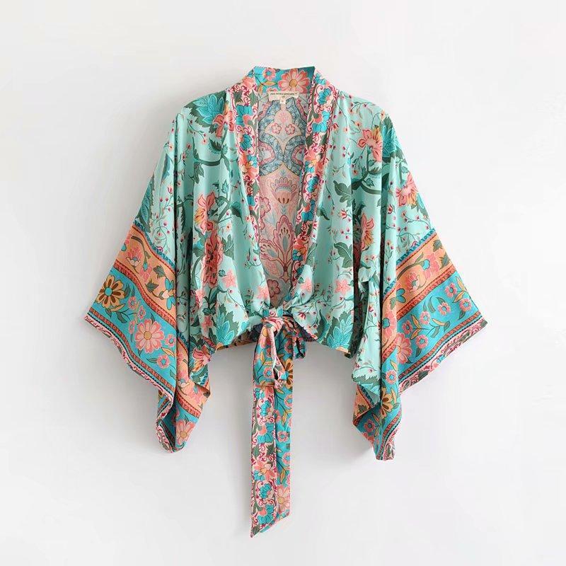 

Women' Deep V-neck Casual Blouses Floral Printing Green Kimono Shirts Flare Sleeve Wrap Blouses Summer Boho Crop Tops1