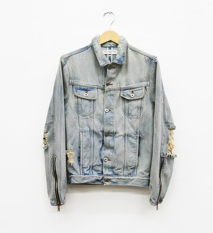 

Wholesale- 2016 New Fashion Streetwear Jean Mens Jackets And Coats Men Clothes Latex Hip Hop Zipper Ripped Distressed Denim Jacket M-XL1, Sky blue