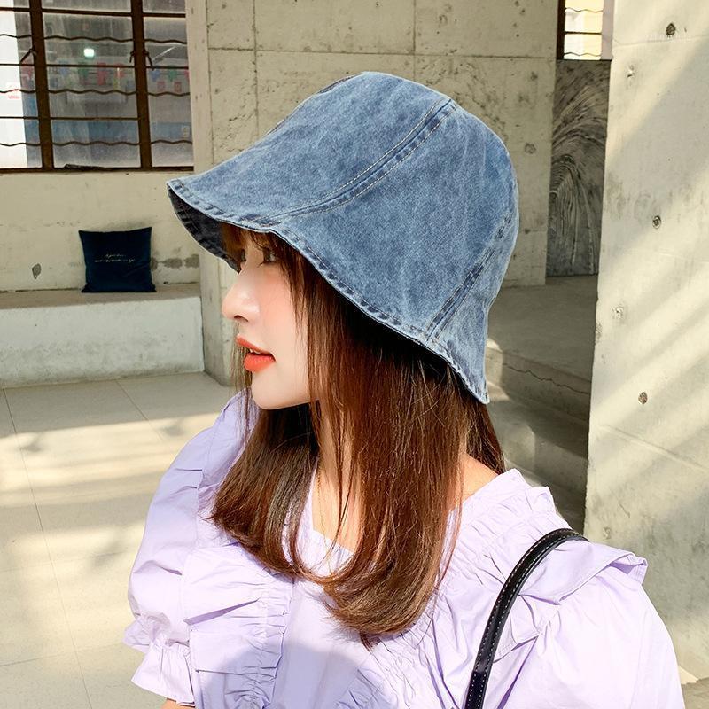 

South Korea's Summer Do Old Water Wash Denim Bucket Hat Women Casual Fashion Sunshade Basin A Hundred Sun Hats For Girl Wide Brim, Blue;gray