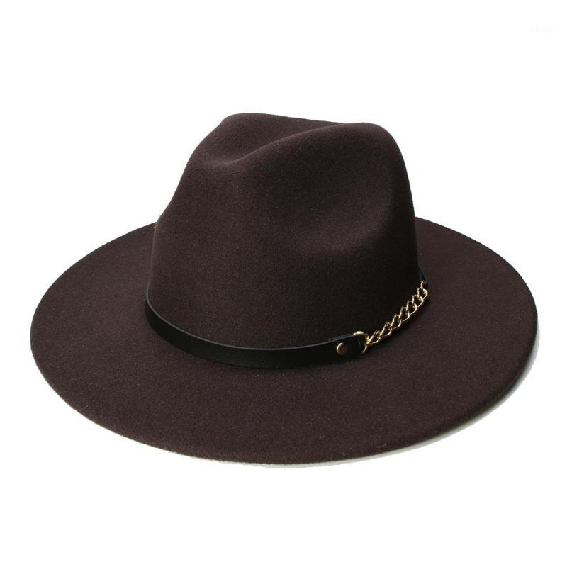 

LUCKYLIANJI Retro Women Men Vintage 100% Wool Wide Brim Cap Fedora Panama Jazz Bowler Hat Black Chain Leather Band (57cm/adjust)1