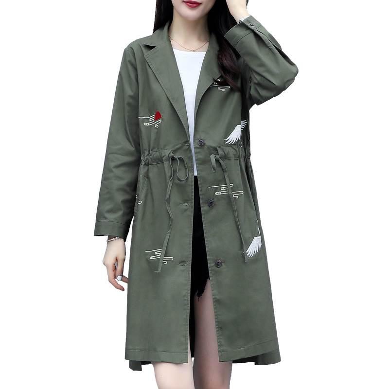 

2020 Spring Autumn Embroidery Classic Long Trench Coat Drawstring Women Casual Thin Windbreaker Female Overcoat pullover Coat, D00858 army green