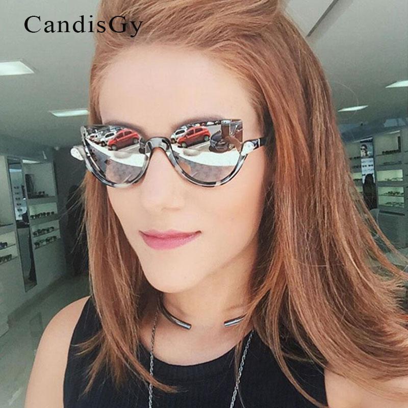 

Cat Eye Half Frame Sunglasses Bend Temple Half Frame Diamond Lady UV400 Sun Glasses Mirror Fashion Cute Shades Small Champange