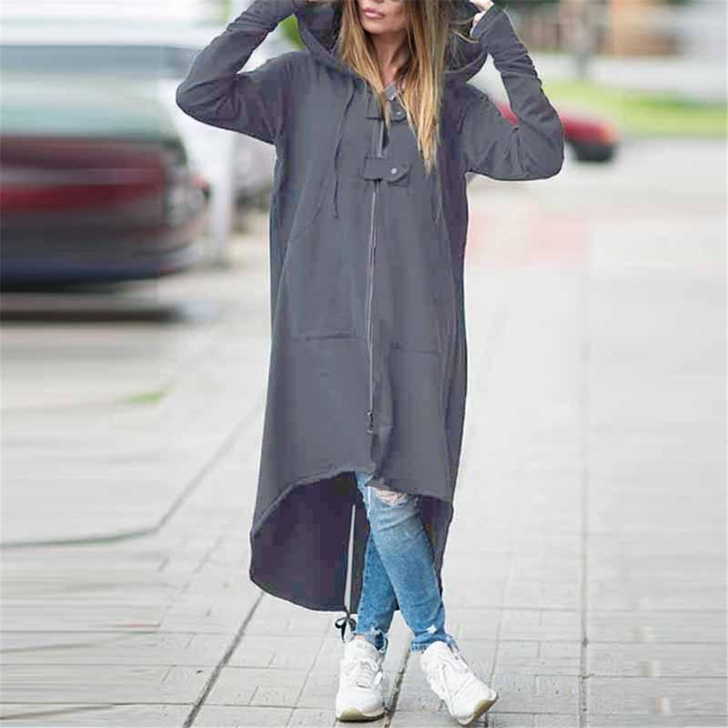 

New Long Trench Coats For Women Zipper Warm Hooded Irregular Long Coats High Quality Windbreaker Outwear Feminino, Black