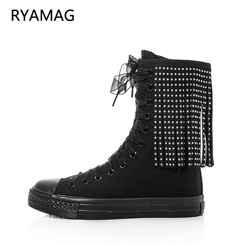

Ryamag 2021 New Women's Canvas Boots Short Beaded Tassel Flats Casual Classic Lace-Up Zipper Comfortable Vulcanize Sneakers, Black