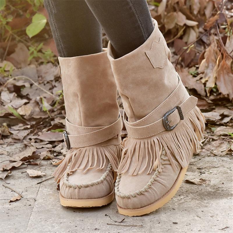 

2020 New Winter Women's Boots Fashion Tassel Buckle Women Flat Boots Mid-calf Warm Women Snow Square-Toe Zapatos De Mujer1, Khaki