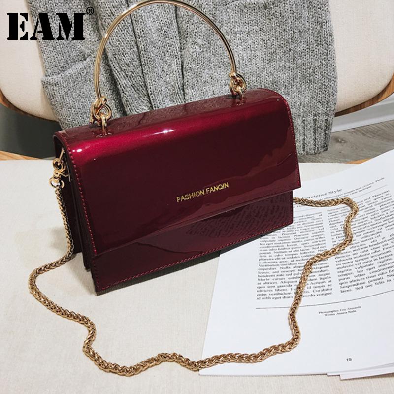 

[EAM] Women New Glossy Metal Handbag Chains PU Leather Personality All-match Crossbody Shoulder Bag Fashion Tide 2021 18A1117, Black