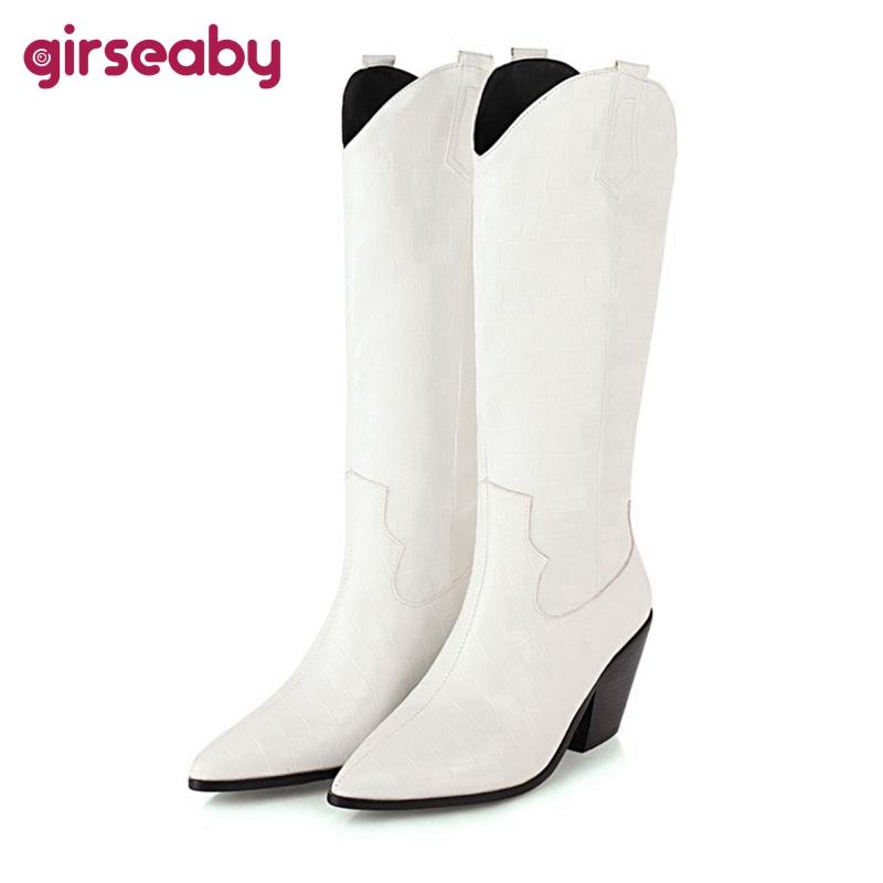 

Girseaby Winter Mid-Calf Boots Pointed Toe 7cm Chunky Heels Slip-on Slouchy Big Size 34-48 White Yellow Blue Black Casual C2059, Black velvet