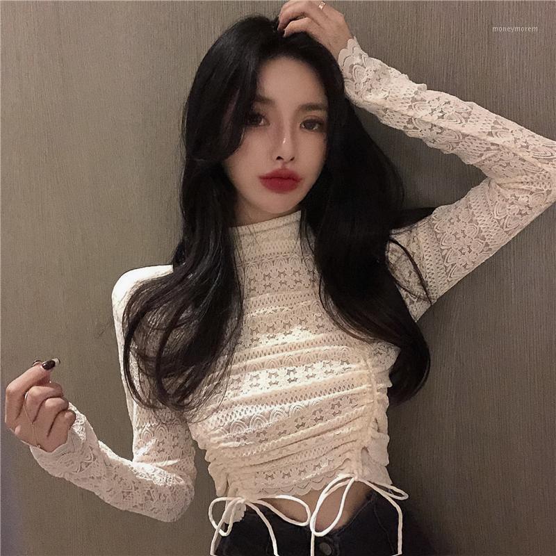 

Short cut-out lace top sexy drawstring slim cropped bottoming shirt1, Black