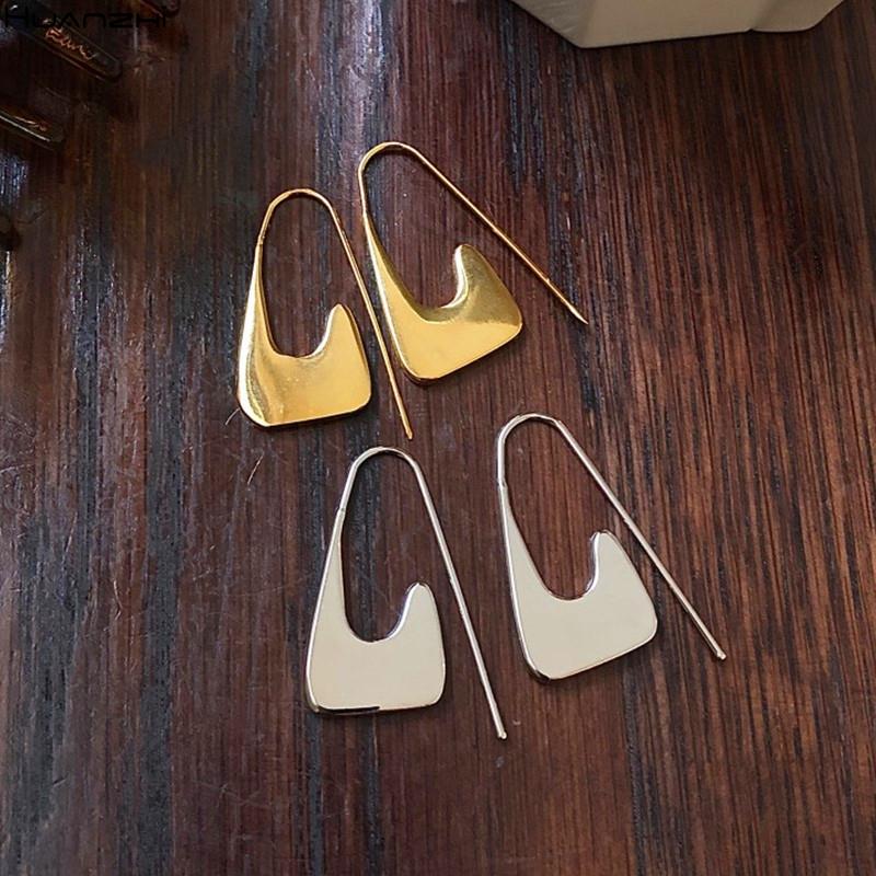 

HUANZHI 2020 New Chic Gold Sliver Color Retro Metal Geometric Hollow Rectangular Bright Surface Drop Earrings for Women Jewelry