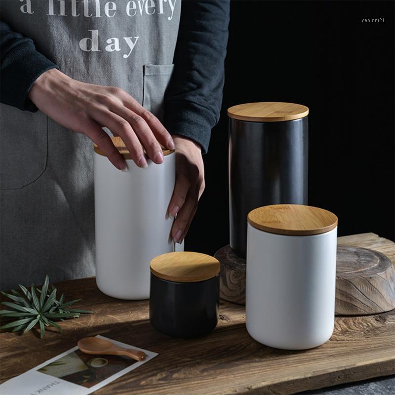 

Wood Lid Ceramics Jar Sealed Canister Storage Container For Loose Coffee Bean Salt Kitchen Storage Jar Organier Bottle1