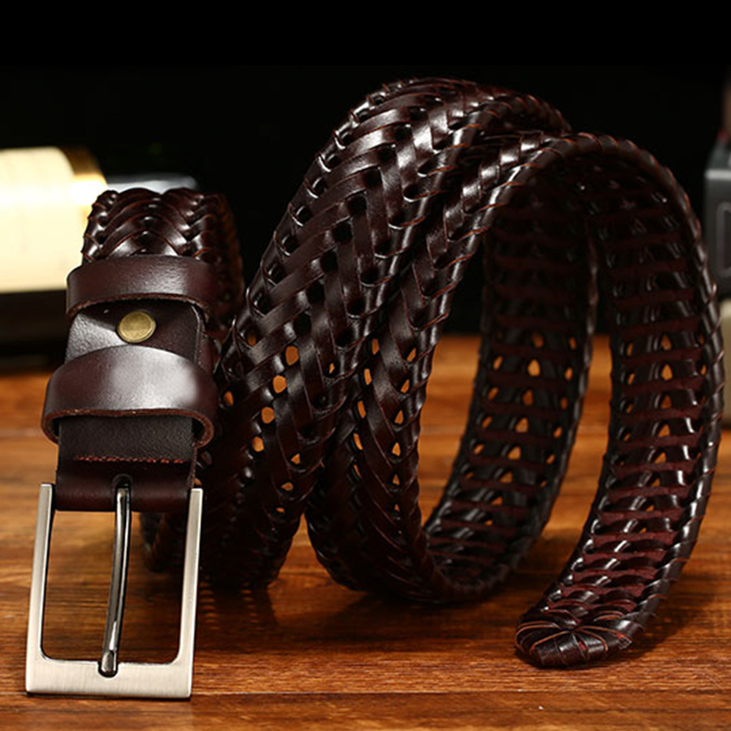 

2021 New 3.8cm Wide Brown Black High Quality Vintage Handmade 100% Cow Genuine Leather Braid Casual Belt Mg9b