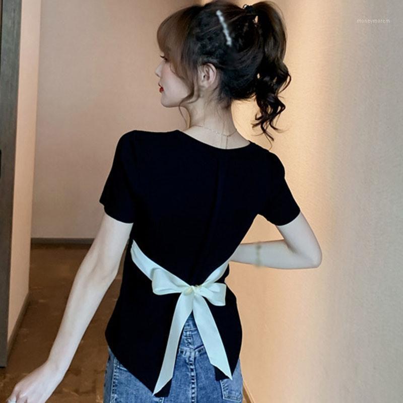 

Women Back Bow-tie Knit T Shirt 2020 New Women's Short-sleeved Bottoming Shirt Top1, Black