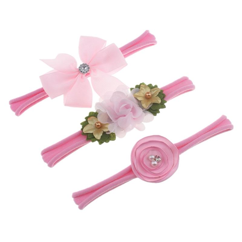 

3PCS/SET Chiffon Flowers Leaf Rhinestone Hairband Hair Bows Girls Elastic Nylon Headband Children Hair Accessories Photo Props, White