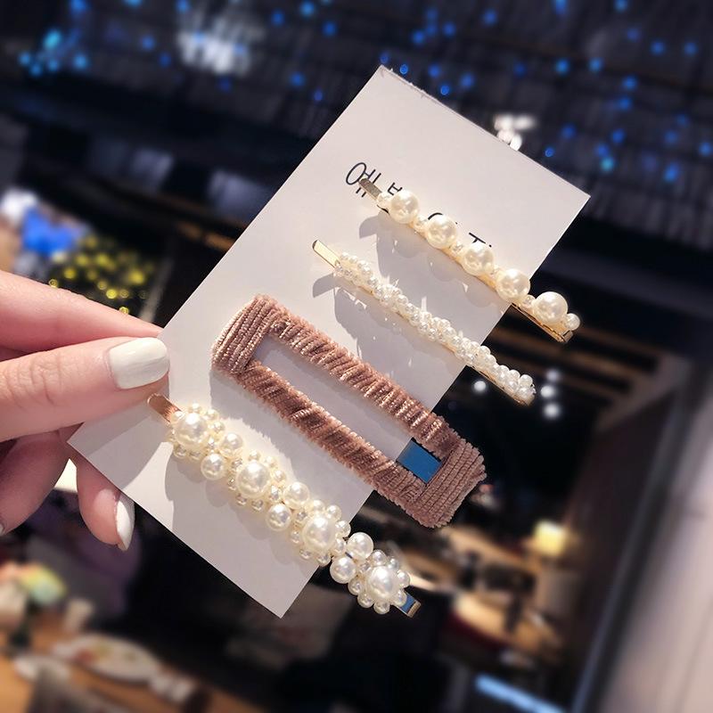 

Elegant pearl hairpin set combination multi-style adult side card word clip metal snap hairpin styling tool headdress B38