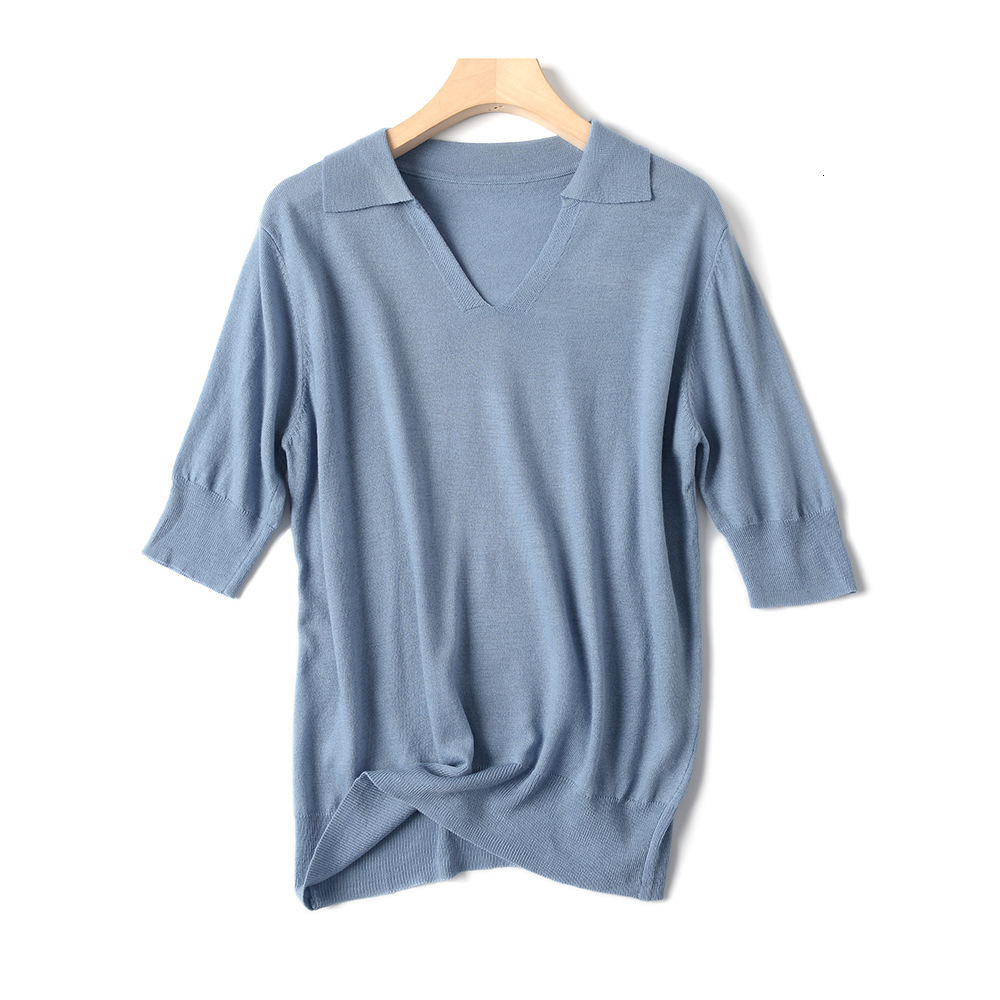 

2021 New Summer Women t Shirt Sexy v Neck Loose Short Sleeves Top Knitted Ribbed Female Tshirt 3cz6, Blue