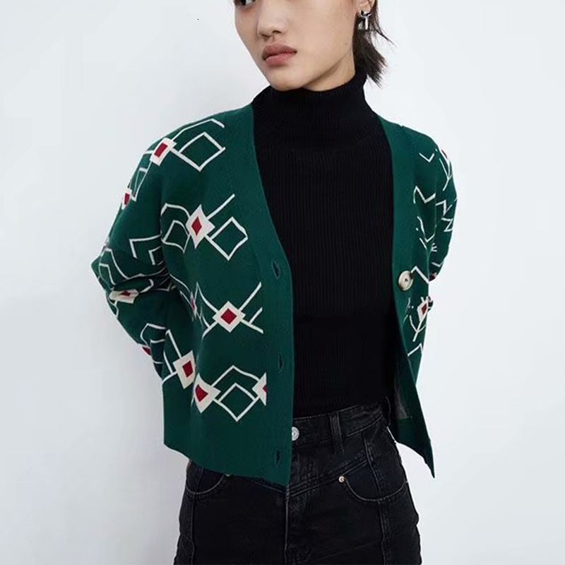 

2021 New Women Soft Knitted Sweater Cashmere Argyle Single Breasted Cardigan Casual Elastic Causal Female Warm Chic Outwear Fmdw, Picture