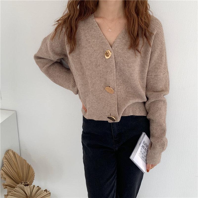 

Comelsexy Regular Hot Sale 2020 Chic Brief Korean Autumn Warm New High Waist Solid V-neck Knitted Cardigan Sweaters Feminine, Black