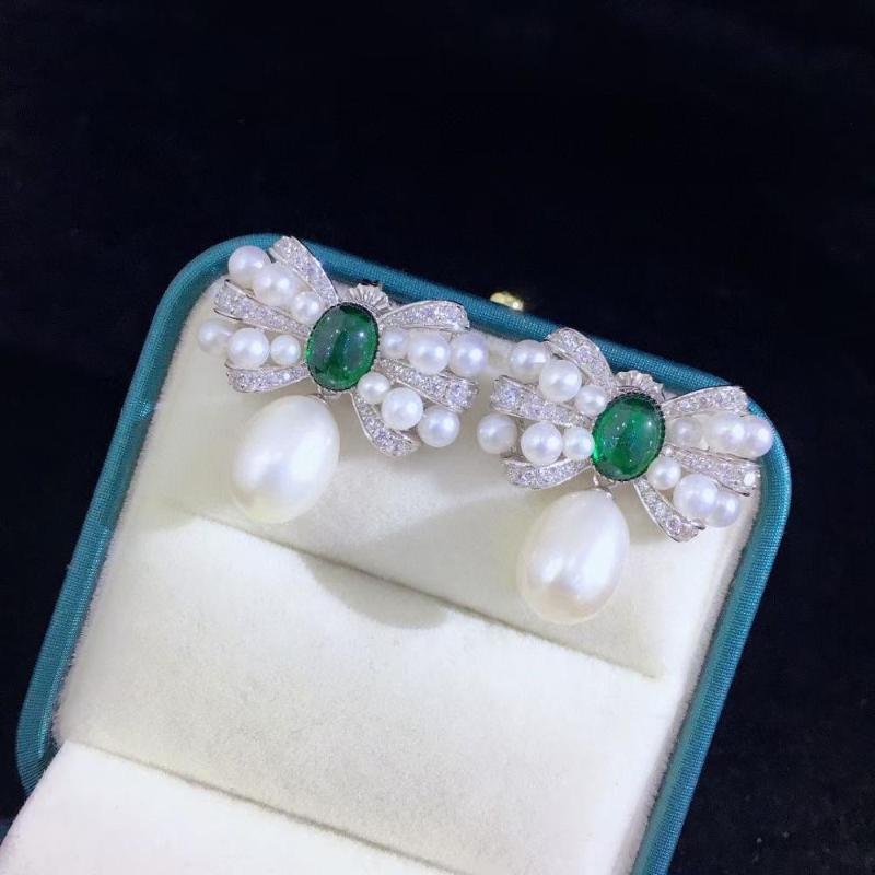 

vintage cute natural fresh water pearl stud earring 925 sterling silver with cubic zircon bowknot fine women jewelry red green