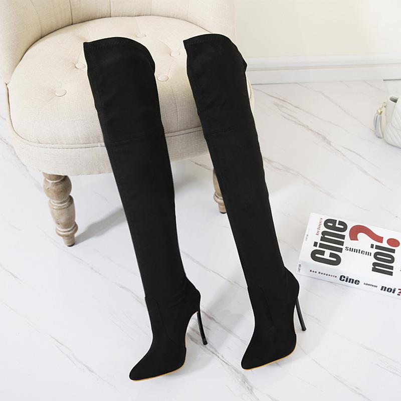

Solid Pointed Toe High Over-the-Knee Long Boots for Women Flock Thin Heels Autumn Winter Boots Elastic Band Shoes, Beige