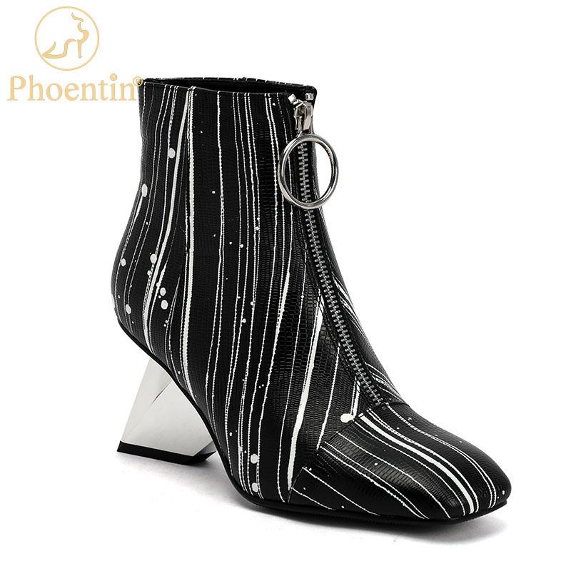 

Phoentin Genuine leather boots women ankle booties 2020 autumn winter square toe high heel boot Front zipper shoes FT1158, Black