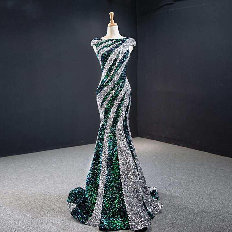 

tailor shop sequin dress evening fish tail black white zebra pattern mermaid sequin gown wedding party dress shimmering, Grey and green
