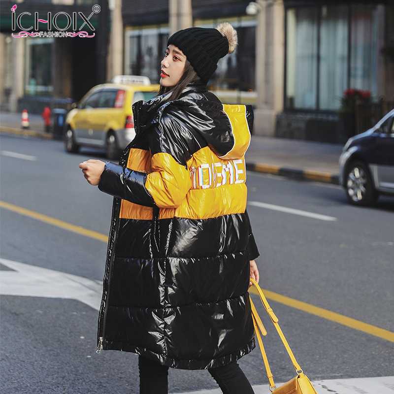 

ICHOIX 2020 Autumn New Down Padded Jacket Women's Winter Korean Fashion Matching Color Letter Casual Loose Padded Jacket, Black