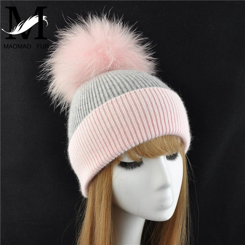

Women Spring Hat Big Raccoon Fur Pom Pom Stripe Hat 2020 Elegant Wool Knitted Female Cashmere Cap