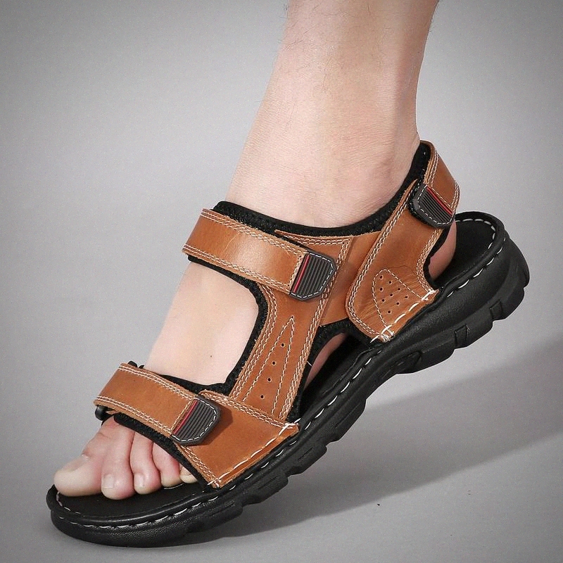 

Men Sandals Summer Genuine Leather Sandals slip on fashion breathable Men Flip Flops Outdoor Roman Shoes Leather #J28x, Black