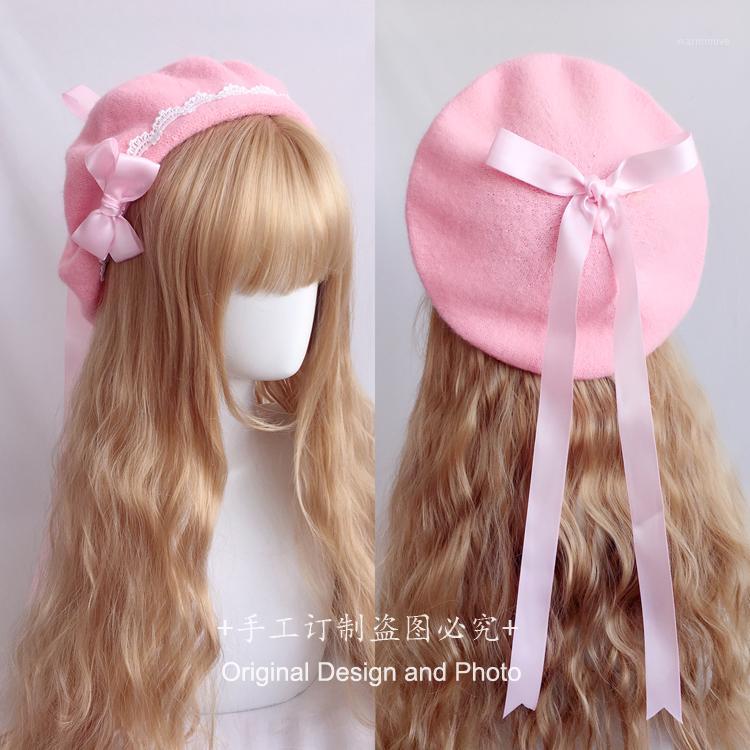 

Japanese-Style Beret Lolita Girl's Heart Sweet Woolen Handmade Lace Bow Warm Beret for Autumn and Winter1, Pink