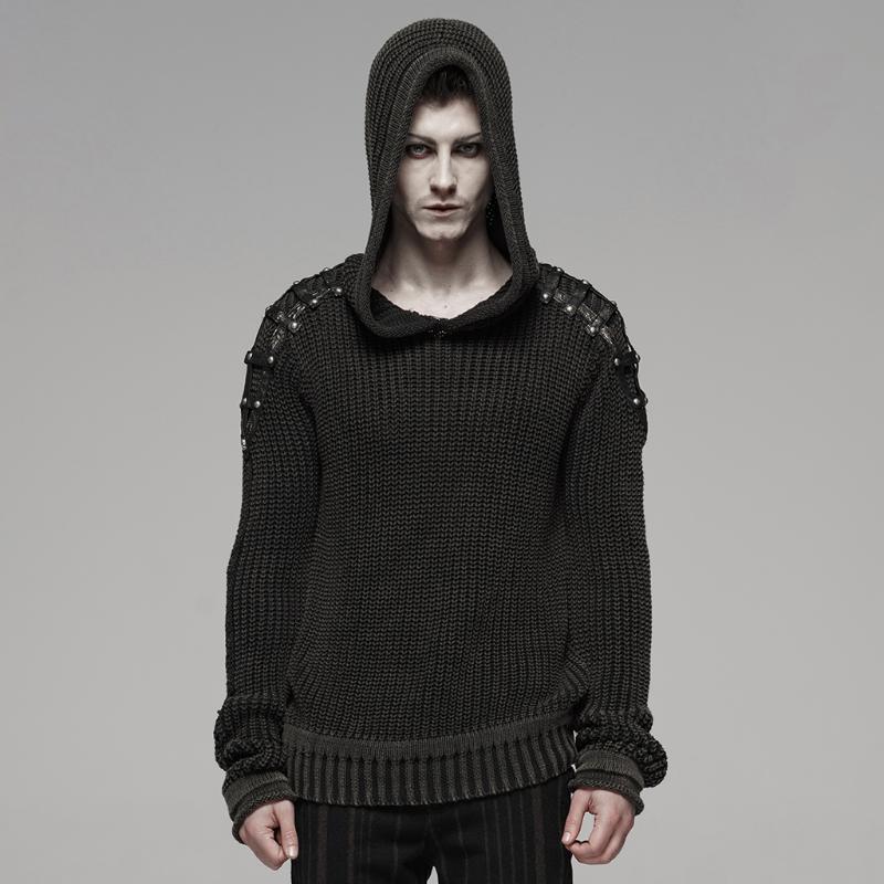 

PUNKRAVE Men'S Punk Hooded Sweater Vintage Do The Old Cotton Wool Knit Thick Sweaters, Black