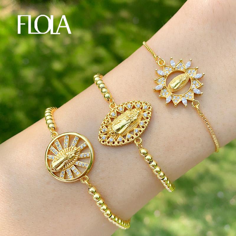 

FLOLA Cubic Zirconia Virgin Mary Bracelets For Women Yellow Gold Charm Bracelets Beads CZ Religious Jewelry Women Gifts brtc10
