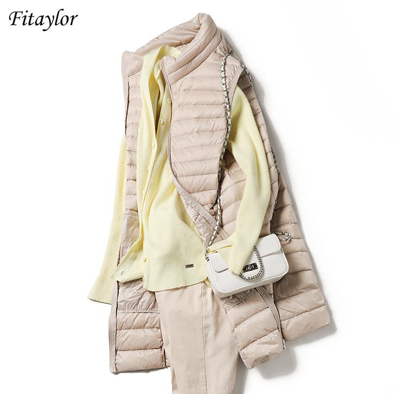 

Fitaylor Winter Ultra Light Warm Jacket Women Stand Collar White Duck Down Long Vest Outerwear Zipper 4XL Plus Size Down Coat, Beige