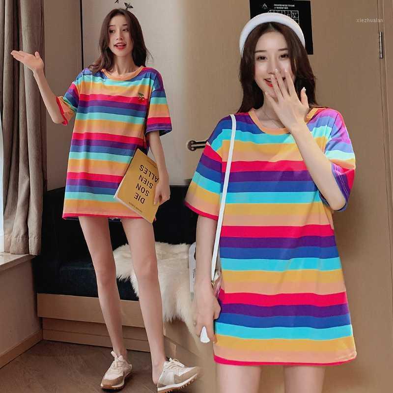 

2020 Summer Block Color Stripe Maternity T-Shirt Short Sleeve O-Neck Long Loose Cotton Tees Plus Size Pregnant Women Tops Casual1, As photo